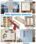 5.7 Inch Self Adhesive Cabinet Handle Stick On Aluminum Barn Door Pull for Closet Kitchen Cupboard Drawer Window Glass Door No Drill Easy Peel And Stick Gold Finish Set Of 2 shown in various installation scenarios including windows, shoe cabinets, bookcases, French doors, lockers, and wardrobes.