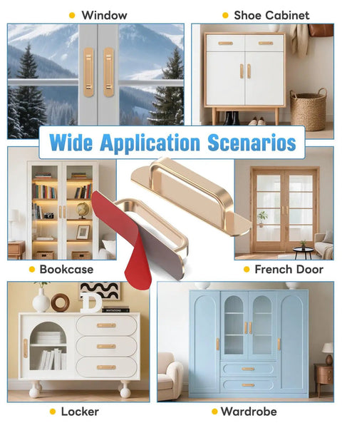 5.7 Inch Self Adhesive Cabinet Handle Stick On Aluminum Barn Door Pull for Closet Kitchen Cupboard Drawer Window Glass Door No Drill Easy Peel And Stick Gold Finish Set Of 2 shown in various installation scenarios including windows, shoe cabinets, bookcases, French doors, lockers, and wardrobes.