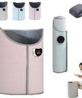 Under Desk Leg Warmer For Office Comfort With Five Second Heating And Eight Speed Settings 360 Degree Fully Enclosed Heating Foldable Portable Electric Warmer In Pink shown in flexible, foldable form and in use by seated person.