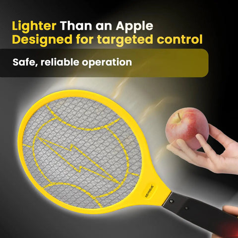 Electric Fly Swatter Racket With 3000V Mesh, Ultra Lightweight 2AA Battery Powered Bug Zapper in hand with apple comparison