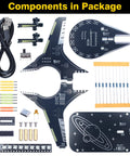 DIY Spaceship Soldering Practice Kit With LED Light Modules components including PCBs, resistors, and USB cable.