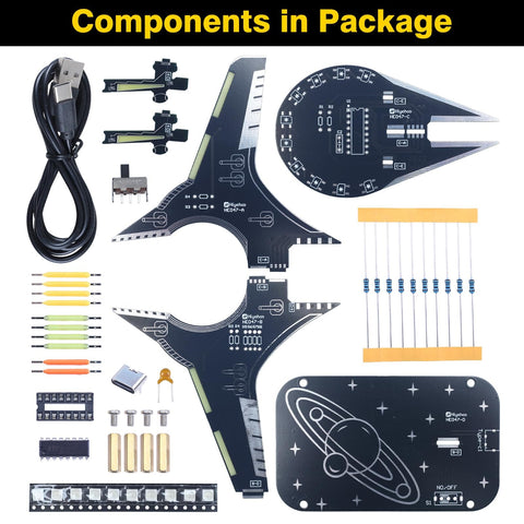 DIY Spaceship Soldering Practice Kit With LED Light Modules components including PCBs, resistors, and USB cable.