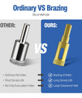 Comparison of ordinary and braze diamond drill bit designs, highlighting service life and chip evacuation holes for heavy duty use.