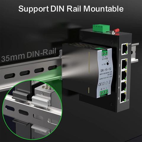 Five Port 100Mb Unmanaged Industrial Ethernet Switch With DIN Rail Mount installed on 35mm rail