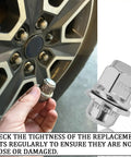 Hand holding old lug nut with wheel in background, overlay of new 5Pcs M12x1.5 Chrome Lug Nuts With Washer, Closed End Mag Style.