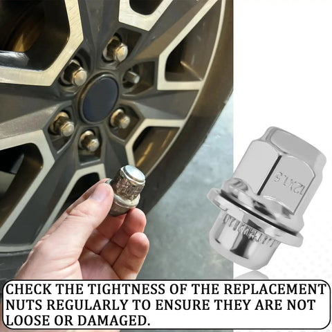 Hand holding old lug nut with wheel in background, overlay of new 5Pcs M12x1.5 Chrome Lug Nuts With Washer, Closed End Mag Style.