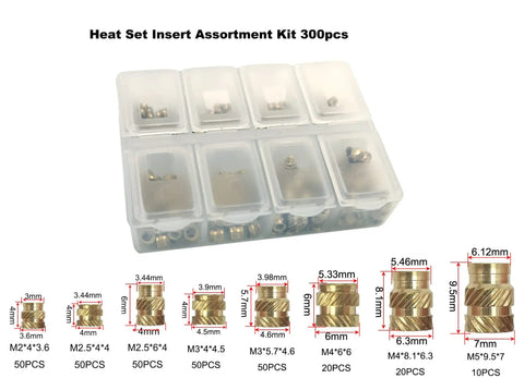 Heat Set Insert Tip Kit With Adaptor And 7 Tip Heads 300 Brass Inserts M2 M2.5 M3 M4 M5 Soldering Accessory Pack in box
