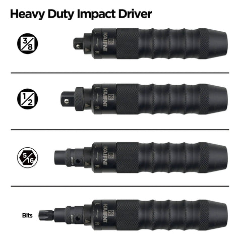 Heavy Duty Manual Impact Driver Set With Three Eighths Inch And One Half Inch Drive, Twenty Five Piece Kit shown in various sizes.