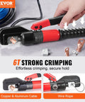 Heavy-Duty Hydraulic Crimping Tool Kit for AWG 12 to 2/0 Copper and Aluminum Terminals with 6-ton pump in use with red handle