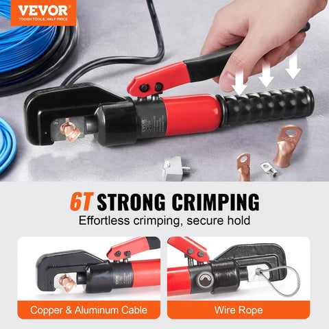 Heavy-Duty Hydraulic Crimping Tool Kit for AWG 12 to 2/0 Copper and Aluminum Terminals with 6-ton pump in use with red handle