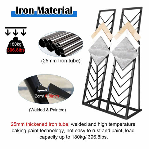 Top Shelf Heavy Duty Tile Sample Display Rack With Rock Solid Iron Frame For Marble Slab Floor Board Templates Large Gold Finish Built Tough Job Site Ready Rack, showcasing 25mm iron tube material.