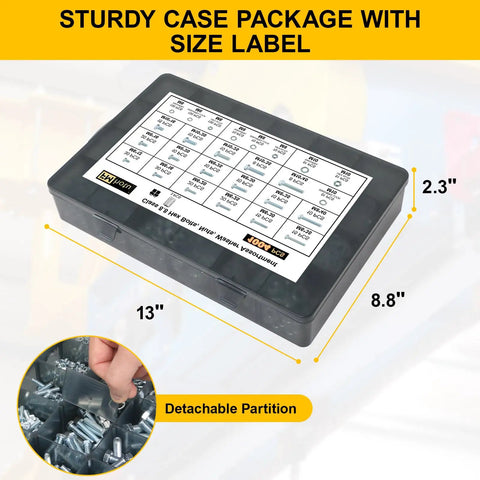 Pro Grade 1004 Piece Heavy Duty Bolt And Nut Set with M6 M8 M10 in black case with size label and detachable partition