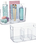 Straight Up The Best Five Compartment Makeup Storage Organizer Set Of Two Clear BPA Free Plastic Vanity Caddy With Pass Through Handles Round Corners Totally Durable Usa Made For Your Vanity with beauty products.
