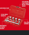 Top Shelf Ten Piece Mechanics Tool Set With Three Eighth Inch Drive Ninety Tooth Low Profile Ratchet Full Polish Chrome Sae Sockets Six Point Grip Lifetime Warranty Built Tough For Everyday Garage Grinds in blow mold case with low profile ratchet.