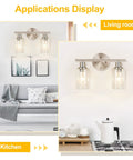 Living room and kitchen application of 2 Light Wall Sconce Vanity Light In Brushed Nickel With Clear Glass Shades, Modern Bath Vanity Fixture For Bathroom Mirror, Sleek Industrial Chic Design, Durable Wall Lamp For Home, Easy Install