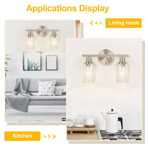 Living room and kitchen application of 2 Light Wall Sconce Vanity Light In Brushed Nickel With Clear Glass Shades, Modern Bath Vanity Fixture For Bathroom Mirror, Sleek Industrial Chic Design, Durable Wall Lamp For Home, Easy Install