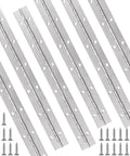 Six Piece 12 Inch Stainless Steel Piano Hinges Heavy Duty Pre Drilled Build Rust Resistant Finish with screws for cabinet doors.