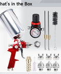 Heavy Duty HVLP Paint Spray Gun Kit Features Gravity Feed And Tweakable Air Valve With Five Precision Nozzles Plus A Tough Aluminum Cup parts included in the kit.