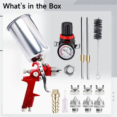 The Real Deal HVLP Paint Spray Gun Kit with Gravity Feed and Five Swappable Nozzles at 1.4mm 1.7mm 2.0mm, includes accessories and metal cup.