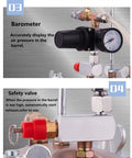 5L Paint Pressure Pot Kit With Regulator, Gauge, 3mm Spray Gun, showing barometer and safety valve details