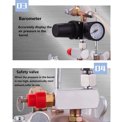 5L Paint Pressure Pot Kit With Regulator, Gauge, 3mm Spray Gun, showing barometer and safety valve details