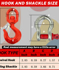 Diagram showing size measurements for 3 Ton Swivel Lifting Hook and D Ring Shackle Set With G80 Chain Hooks and Five Eighths Inch Shackle.