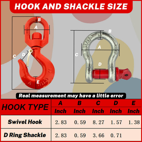 Diagram showing size measurements for 3 Ton Swivel Lifting Hook and D Ring Shackle Set With G80 Chain Hooks and Five Eighths Inch Shackle.