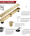 36 Inch Linear Shower Drain Gold Rectangular Floor Drain With V Shape Channel For Fast Drainage 304 Stainless Steel cUPC Certified