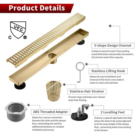 36 Inch Linear Shower Drain Gold Rectangular Floor Drain With V Shape Channel For Fast Drainage 304 Stainless Steel cUPC Certified