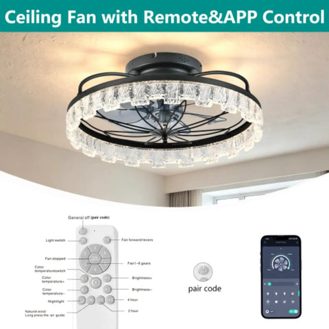 Yunstore Glowlings Rustic Flower Caged Ceiling Fan with Light (Matte Black) featuring remote and app control, modern design.