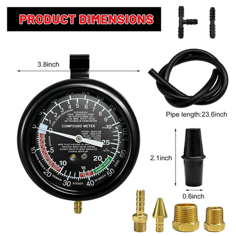 Heavy Duty Auto Fuel Pump And Vacuum Test Gauge Kit Badass Brass Fittings Tight Seal with gauge and fittings dimensions included.