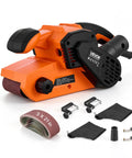 Workhorse Grade 3 By 21 Belt Sander With 7 Amp Motor And Six Variable Speeds, orange handheld tool with accessories.