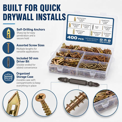 Workhorse 400 Piece Self Drilling Drywall Anchor And Screw Kit With 170 Expansion Anchors 200 Drywall Screws And 50mm Double Ended Driver Bit For Quick Strong All In One Hollow Wall Mounts, organized case