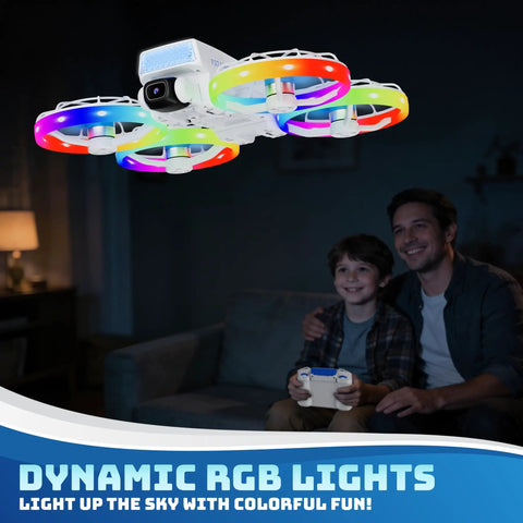 Mini Foldable Drone With 4.3 Inch Screen Remote flying indoors with LED lights, controlled by a child and adult on a couch.
