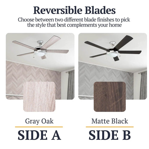 52 Inch Modern LED Ceiling Fan With Light Pull Chain Dual Mounting Options Chrome Finish Blades Reversible Motor