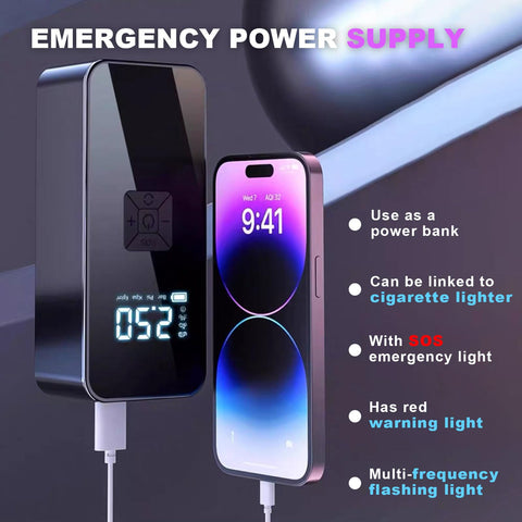 Go-To Portable Jump Starter With Built In Air Compressor And Tire Inflator For Emergencies showing LCD and phone charging