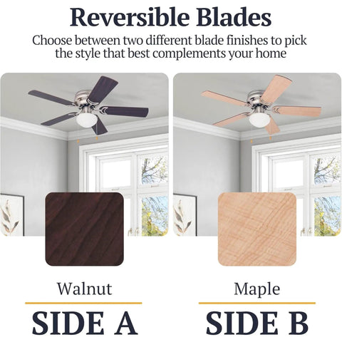 42 Inch Traditional Flush Mount Ceiling Fan With Light, Reversible Motor, Dual Finish Blades Walnut Maple Comparison