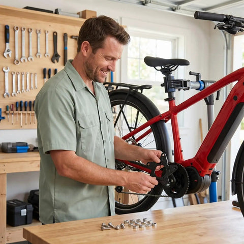 Man installing Mid Drive Spider Adapter Ring For 130BCD Aluminum Alloy Chainring Adapter on red ebike in workshop