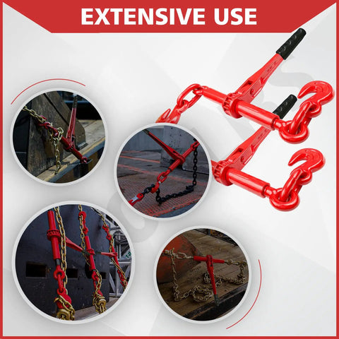 Heavy Duty Ratchet Chain Binders 3/8 To 1/2 Inch, 9200 Lbs Working Load, 2 Pack With Grab Hooks For Grade 70 Transport Chain, Tie Downs For Towing And Hauling, Weatherproof Red Shell, Durable Load Securement