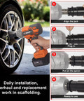 Beast Cordless 1/2-Inch Impact Wrench Kit with 21V Turbo Power in use, showing step-by-step tire maintenance instructions.