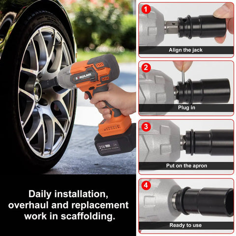 Beast Cordless 1/2-Inch Impact Wrench Kit with 21V Turbo Power in use, showing step-by-step tire maintenance instructions.