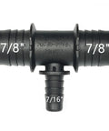 Street Tested 7/8 Inch X 7/8 Inch X 7/16 Inch Radiator Coolant Hose 3 Way Tee Connector showing three barbs for fluid routing.