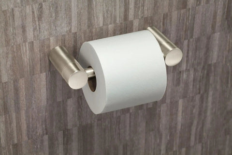 Align Brushed Nickel Pivoting Wall Mounted Toilet Paper Holder for Modern Bathrooms No Fuss Install, mounted with a roll