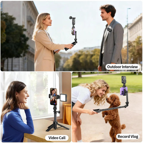 Vlogging Kit for iPhone and Android, 31 Inch Selfie Stick Tripod With LED Light, Microphone, Remote, Carry Case in use for interviews and vlogs