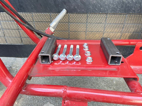 Engine Mount Plate Riser 1x1 Square Tube For 4 7 HP Engines With 3 1 8 Inch Center Spacing Easy Install hardware kit on red frame.