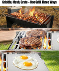 Portable Folding Charcoal Grill With Griddle Surface, Grate And Wire Mesh For Outdoor Grilling Sessions, steaks and eggs on griddle