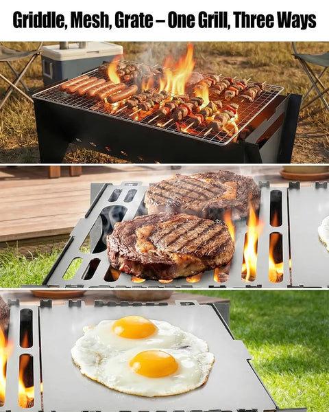 Portable Folding Charcoal Grill With Griddle Surface, Grate And Wire Mesh For Outdoor Grilling Sessions, steaks and eggs on griddle
