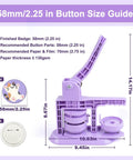 Size guide for Lavender Purple Button Maker Machine With 30 Complete Pin Press Parts, showing dimensions and badge details.