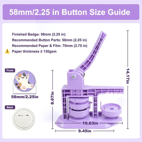 Size guide for Lavender Purple Button Maker Machine With 30 Complete Pin Press Parts, showing dimensions and badge details.