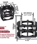 Router Lift Base For Small Milling And Trimming Machines With 4 Jaw Clamping Built Tough From Aluminum Alloy And Stainless Steel, Metal Milling Table Lifting System, Lift Up To 54mm, Clamp Diameter 64 To 66mm Black, dimension view